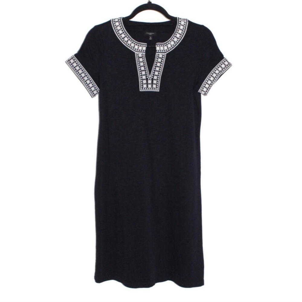 Talbots cotton navy & white embroidery short sleeve boho soft shift dress Medium